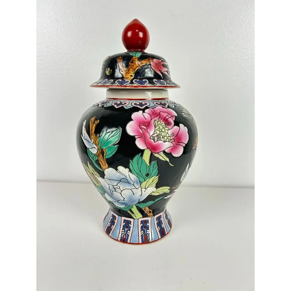 Vintage Japanese Hand Painted Ginger Jar w/ Lid Birds Florals Pottery Vase